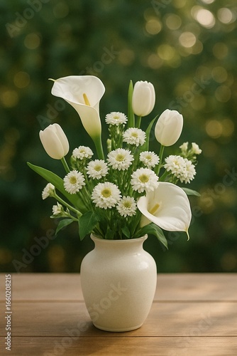 Bouquet of White Flowers in vase, Calla Lily, Aster, and Tulip with Bokeh Background.
