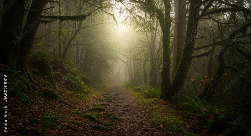 Obraz premium Foggy woodland path with soft light