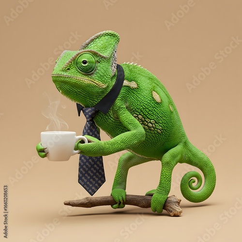 Chameleon in a tie enjoys coffee, perfect for creative business concepts and marketing campaigns