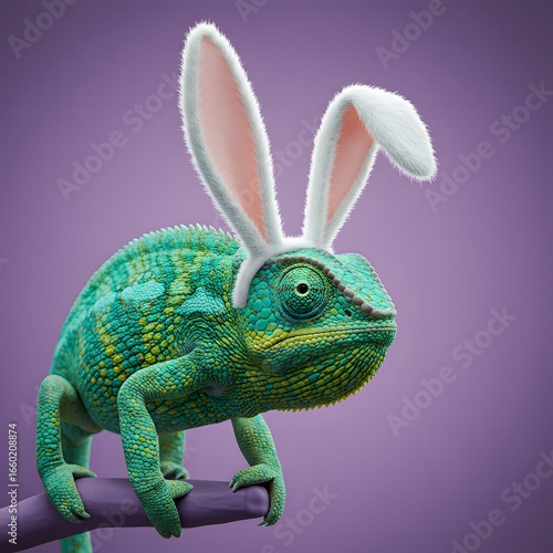 Chameleon wearing bunny ears, Easter concept, fun, playful, vibrant colors, holiday, spring
