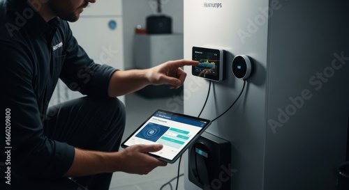 Technician programming smart thermostat integration on a new heat pump water heater highlighting advanced home energy management features.