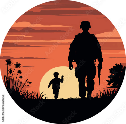 Silhouette of Soldier Returning Home to Child at Sunset Depicting Family Reunion and Sacrifice