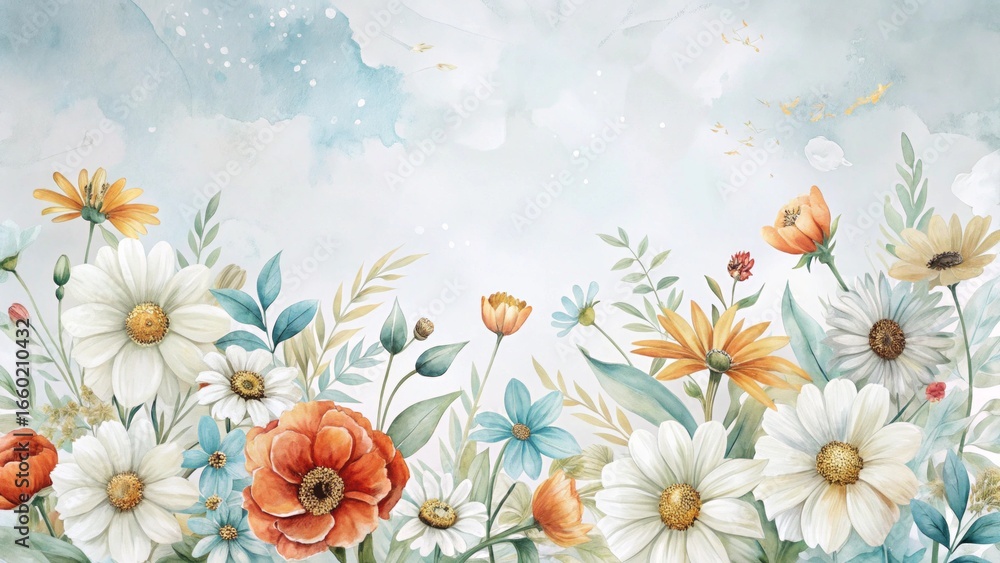 Fototapeta premium Vibrant watercolor illustration of assorted flowers including daisies, poppies, and blue blossoms, creating a lively floral arrangement with soft pastel background and delicate details