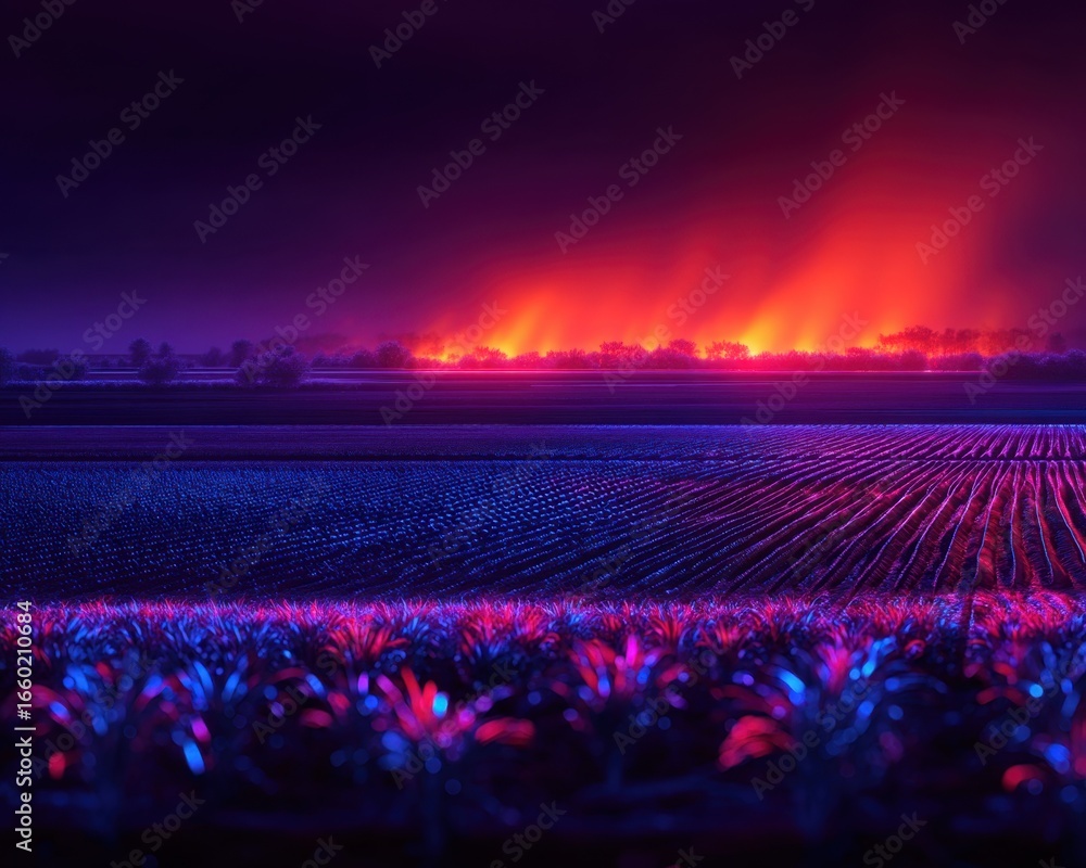 Fototapeta premium Vibrant landscape with glowing fields at night.