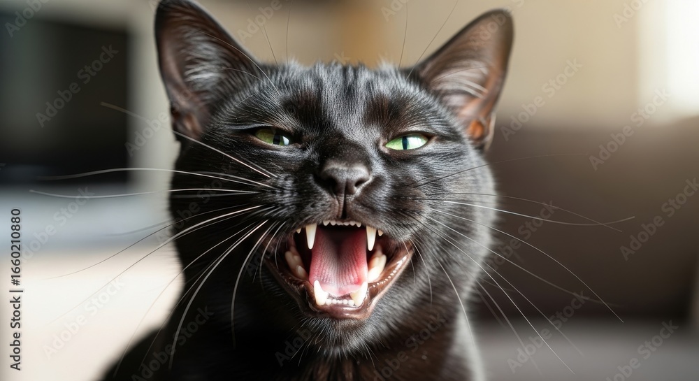 Dramatic Portrait of a Black Cat with Intense Expression and Showing Teeth Dramatic Portrait of a Black Cat with Intense Expression and Showing Teeth