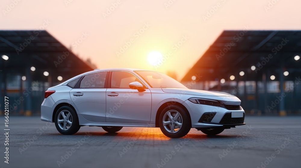A sleek white car parked in an empty lot during sunset, showcasing modern design and dynamic lines. Ideal for automotive enthusiasts and travel-related concepts. A sleek white car parked in an empty lot during sunset, showcasing modern design and dynamic lines. Ideal for automotive enthusiasts and travel-related concepts.