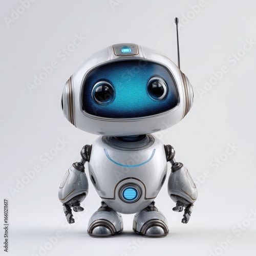 Adorable white robot with blue glowing eyes on white background