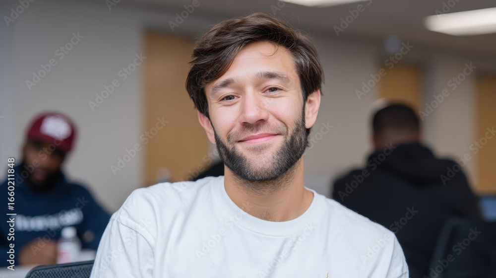 Fototapeta premium A smiling young man with a light beard sitting in a modern classroom environment. He exudes confidence and positivity, surrounded by fellow students engaged in learning.