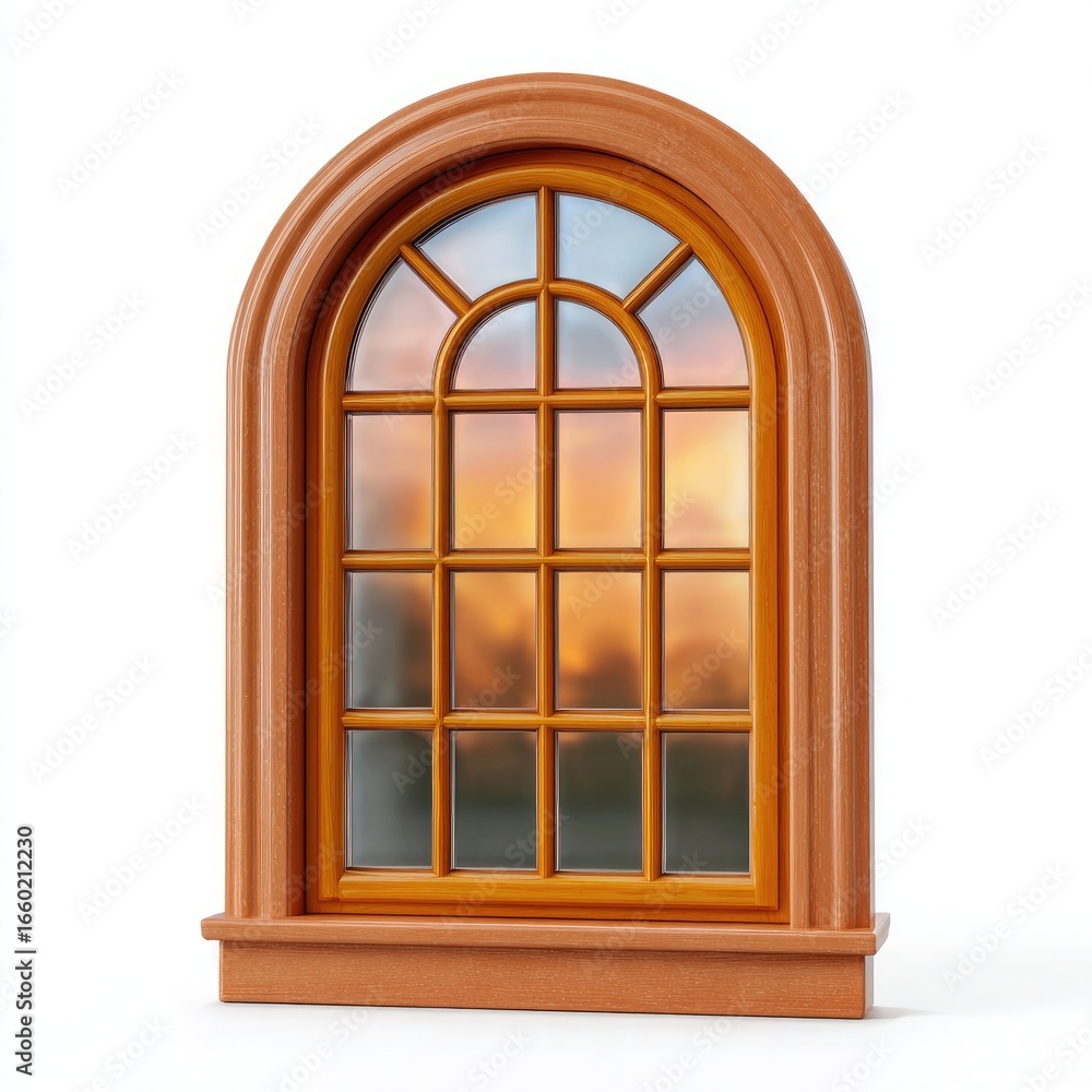 Obraz premium Arched wooden window with sunset reflection on white background