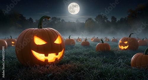 Jack o lantern glowing in pumpkin patch at night under full moon, mystical atmosphere with frost and spiderwebs, autumn halloween scene ai generation