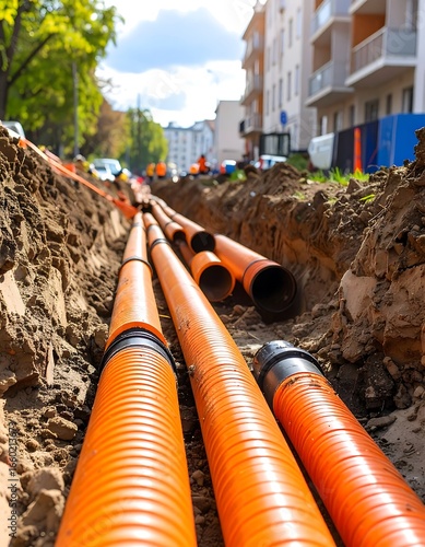 Orange pipes in trench, urban setting
