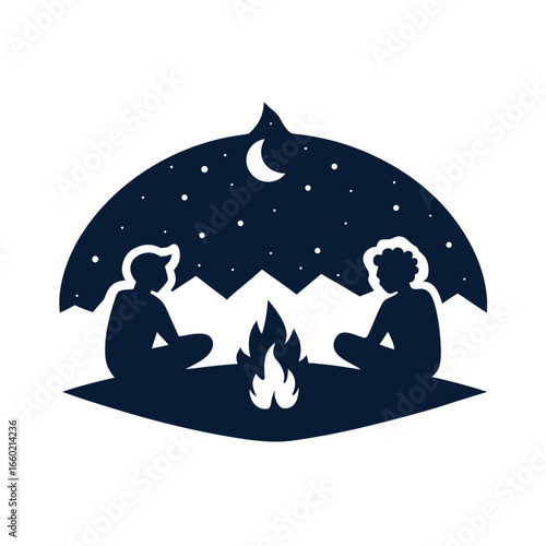 Couple Sitting Around Campfire Under Stars Silhouette