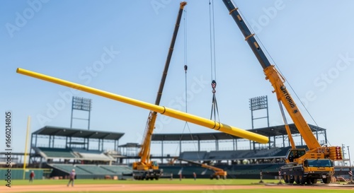 style footage capturing the stepbystep raise of a baseball foul pole by a crane enhancing stadium readiness.