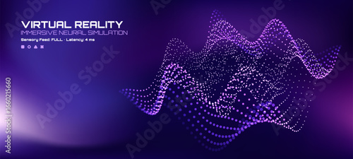Purple abstract wave of dots representing a neural network or immersive virtual reality. Digital technology background.