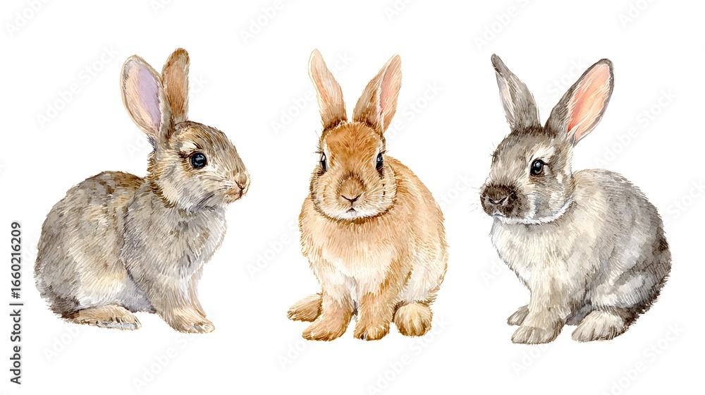 Fototapeta premium An animal clipart bundle featuring three watercolor paintings of brown cute rabbits isolated on white