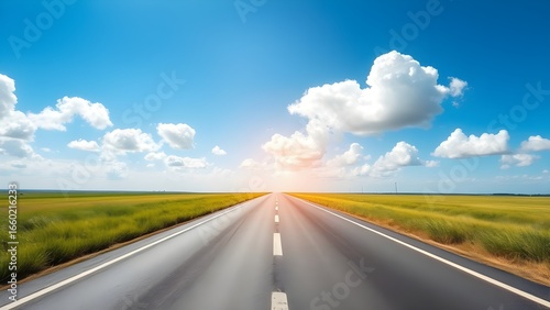 구름 가득 하늘 아래 일직선 고속도로 옆 잔디밭 수평선The horizontal line of lawn next to a straight highway under a cloud-filled sky