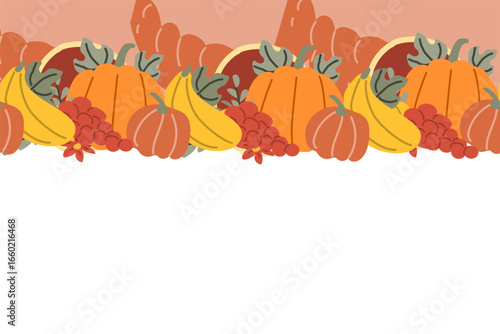 Autumn harvest border with pumpkins, squash, and gourds.