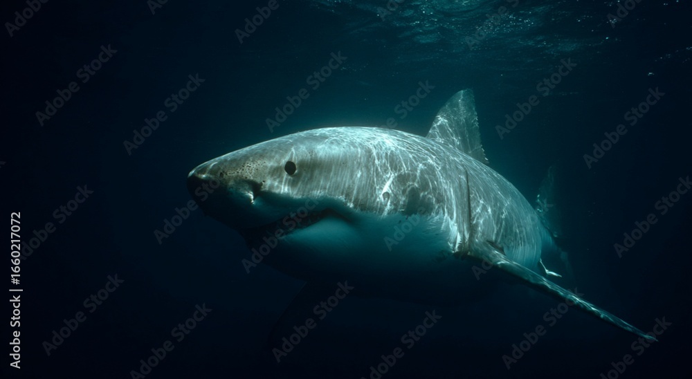 Fototapeta premium Underwater Great White Shark, Ocean Wildlife, Cinematic Atmosphere