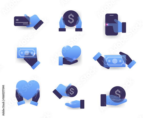 Set of hands with financial attributes. Business charity glass morphism icon