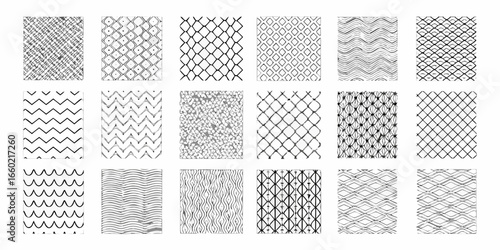 Set of Eighteen Hand Drawn Black and White Seamless Geometric Patterns