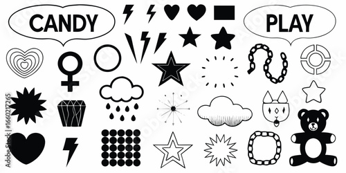 Assorted Black and White Doodle Icons with Candy and Play Speech Bubbles