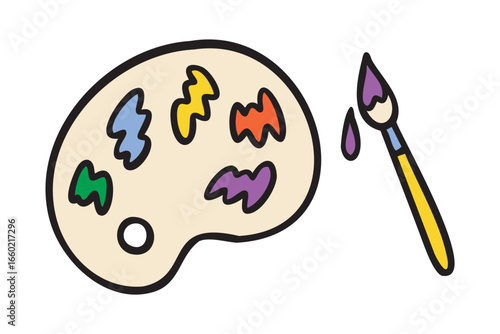 Paint palette with brush, art class doodle icon for creative school planner, hand drawn