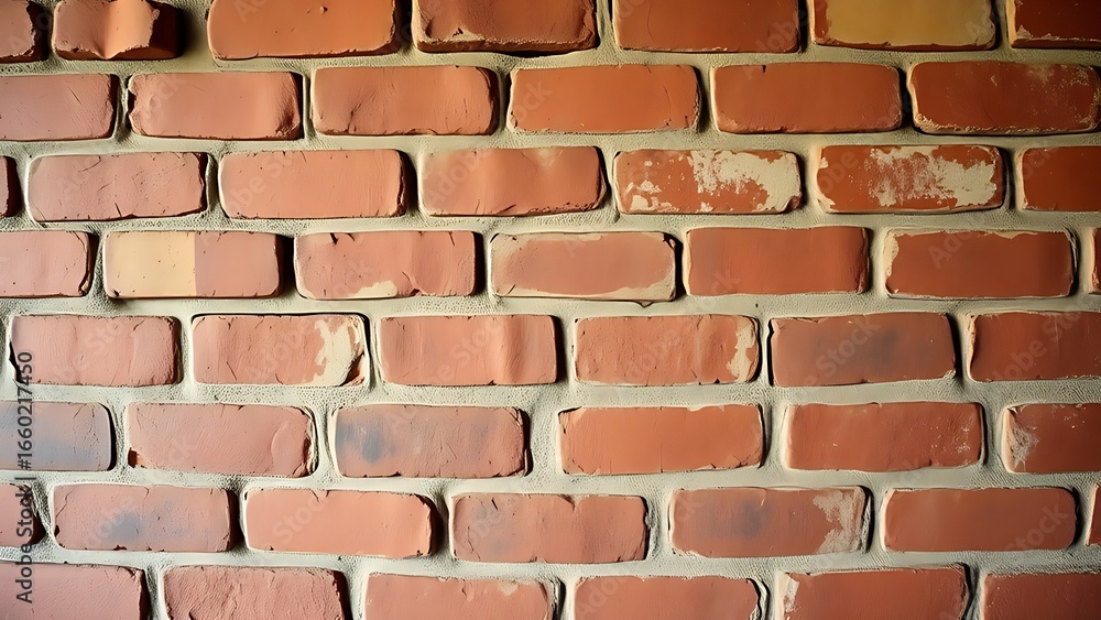 Obraz premium Close-up of aged red brick wall with rich texture and warm earthy tones under subtle directional light.