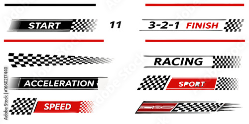 Racing themed vector graphic elements with checkered flags and text labels