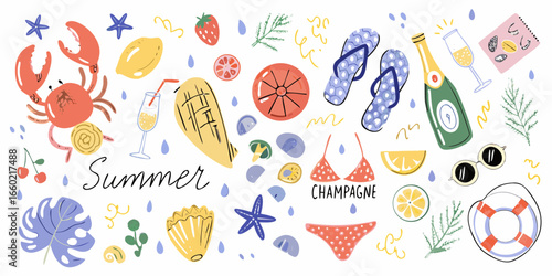 Summer themed vector illustration with food drinks beachwear and other elements