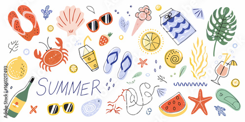 Colorful Summer Doodle Illustration with Beach Elements and Refreshing Drinks