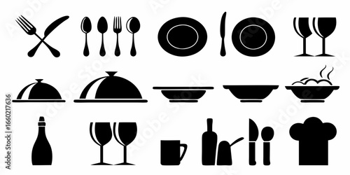 Black and white vector illustration of restaurant kitchen and dining icons