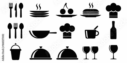 Black and white vector illustration of various food and cooking related icons