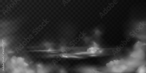 Realistic isolated 3d smoke, transparent white mist spreading across the floor, overlay effect. Steam, fog, smog, vapor on the ground, mysterious haze. Vector illustration, border, background, stage.