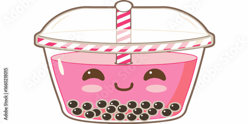 Cute Cartoon Pink Boba Tea Cup Illustration