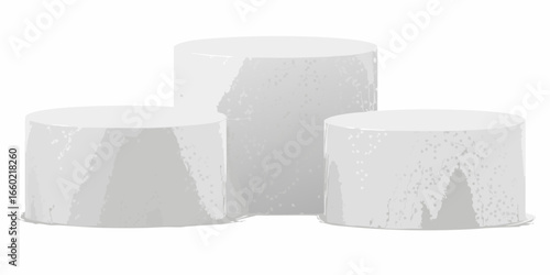 Three Gray Cylindrical Pedestals on White Background
