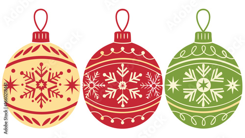 Festive holiday ornaments with intricate snowflake designs in classic red, green, and yellow colors