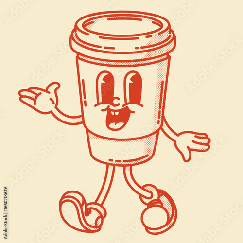 Smiling friendly coffe to go character mascot in shoes. Coffee shop mascot symbol. Hands up, finger up