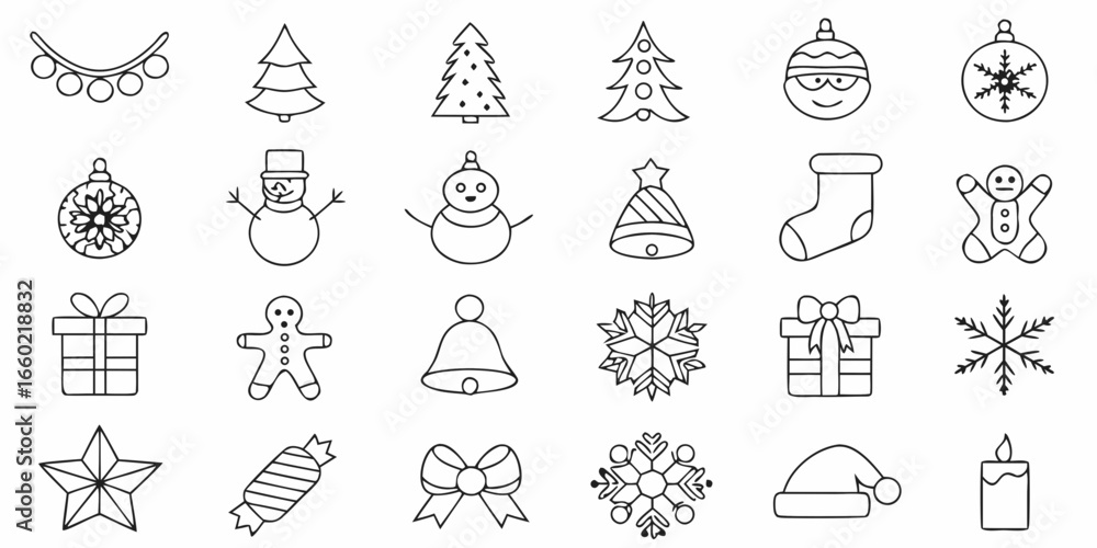 Set of Christmas Icons in Outline Style Set of Christmas Icons in Outline Style