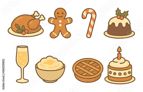 Festive holiday icons: turkey, gingerbread, candy cane, pudding, champagne, mashed potatoes, pie, cake