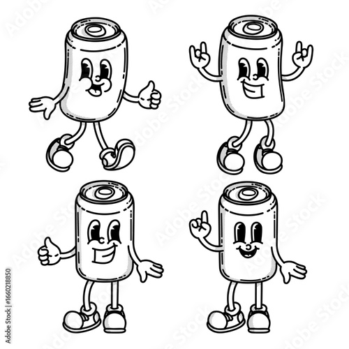 A cheerful cartoon tin can of drink mascot in shoes smiling. Bar menu symbol. Stands with hand up, couple, set