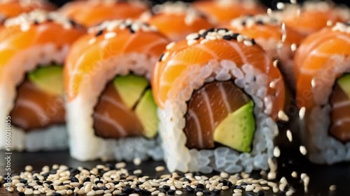 Wallpaper Mural Closeup of salmon avocado sushi rolls sprinkled with white and black sesame seeds Torontodigital.ca