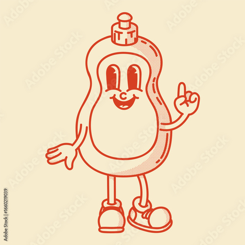 Smiling retro mascot bottle. Perfect for dish soap, shampoo or cleaner ads. Vintage character pointing with hand