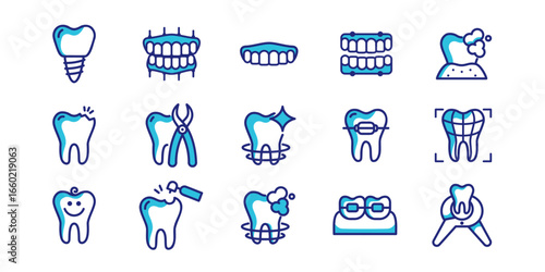 Comprehensive dental icon set - implants, braces, X-rays and pediatric dentistry. Modern flat vector designs for clinics, medical apps and dental healthcare presentations
