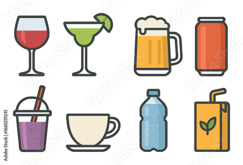 Colorful beverage icons: wine, margarita, beer, soda, smoothie, coffee, water, juice