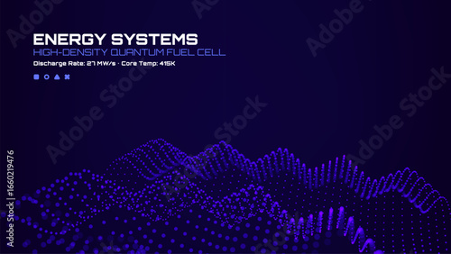 Glowing particles represent energy systems and quantum fuel cell data. Abstract technology background for science and futuristic concept.