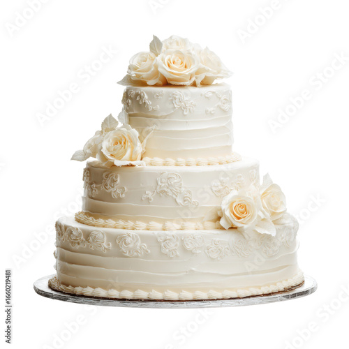 Elegant tiered wedding cake adorned with delicate cream roses and intricate frosting details image, Isolated On Png Transparent Background