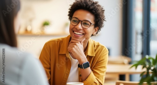 Illustration of a friendly person using positive body language and active listening skills to build rapport and foster likability in social or professional settings. Cinematic