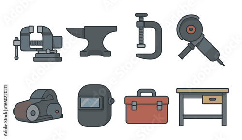 Set of workshop tools: vice, anvil, clamp, grinder, sander, welding mask, toolbox, workbench