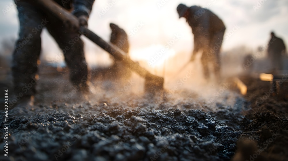 Obraz premium A group of construction workers pouring a cement foundation in the morning long title A team of construction workers carefully pouring and smoothing
