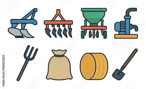 Modern farming equipment vector icons: plow, rake, seeder, pump, pitchfork, bag, hay bale, shovel